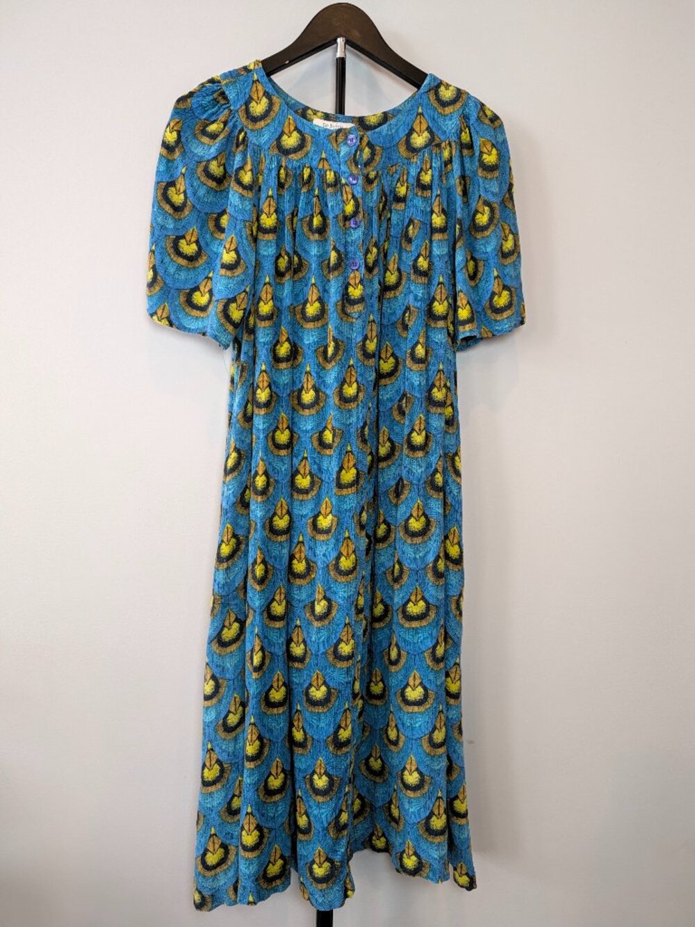 Go Softly Patio Women's Size S Midi Dress Blue Peacock Feather Rayon MuuMuu